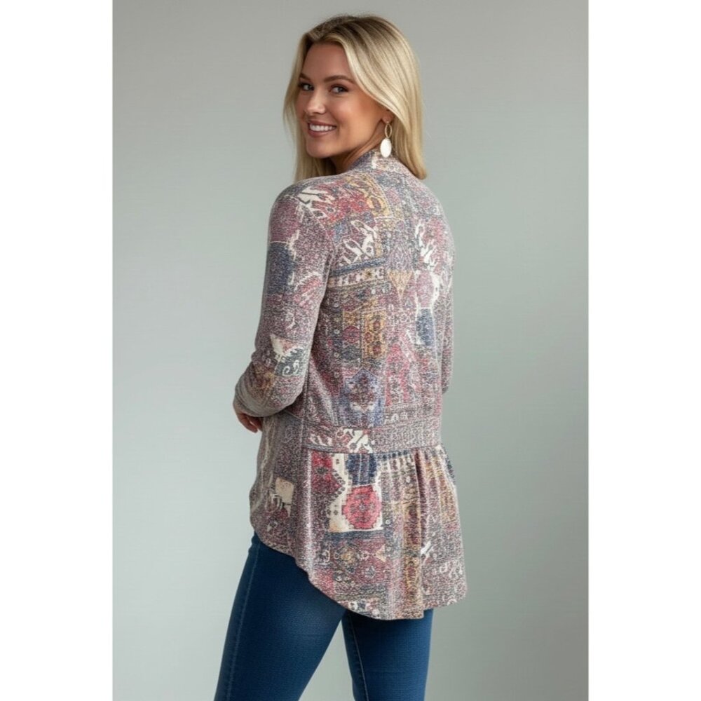 Anthropologie Open Front Multicolored Knit Cardigan | Boho Cottagecore Artsy L - Picture 6 of 16